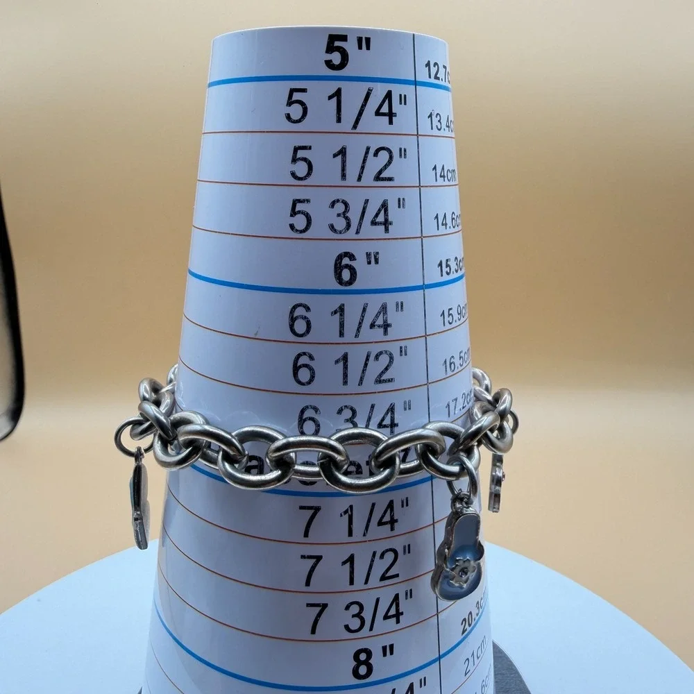 Silver Tone Chunky Chain Enamel Shoe Flower Wine Glass Charm Bracelet 7 Inch
